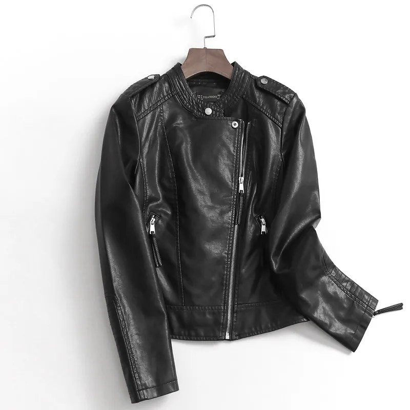 

Новая весенне-осенняя женская куртка-косуха из искусственной кожи, однотонная, приталенная, укороченная, с круглым вырезом, на молнии, повседневная, в байкерском стиле