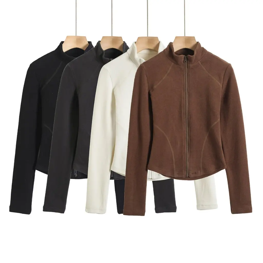 

Women's Autumn Winter Velvet Cardigan Coat High Collar Long Sleeve Slim Fit Warm Bottoming Top American Style Hot Girl