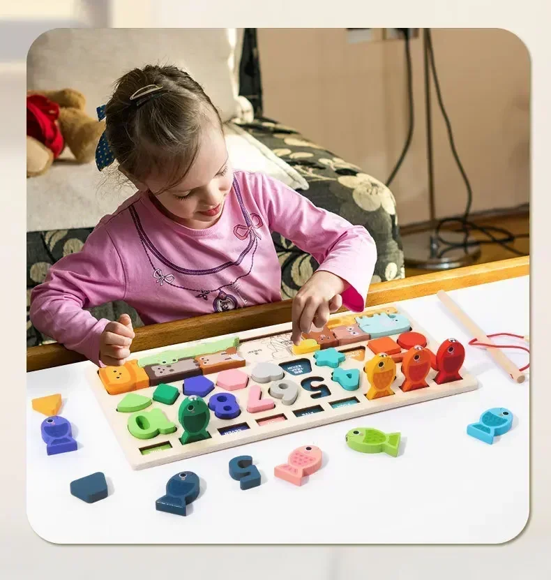 Kids Montessori Math Toys for Toddlers Educational Wooden Puzzle Fishing Toys Count Number Shape Matching Sorter Games Board Toy