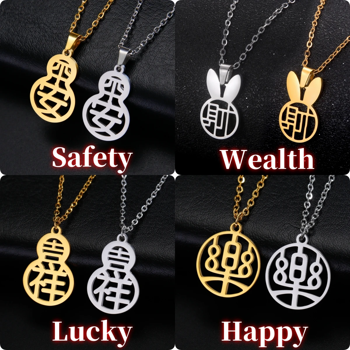 LIKGREAT Chinese Character Kanji Pendant Necklace Stainless Steel Fortune Rabbit Lucky Wealth Amulet Women Men Choker Jewelry