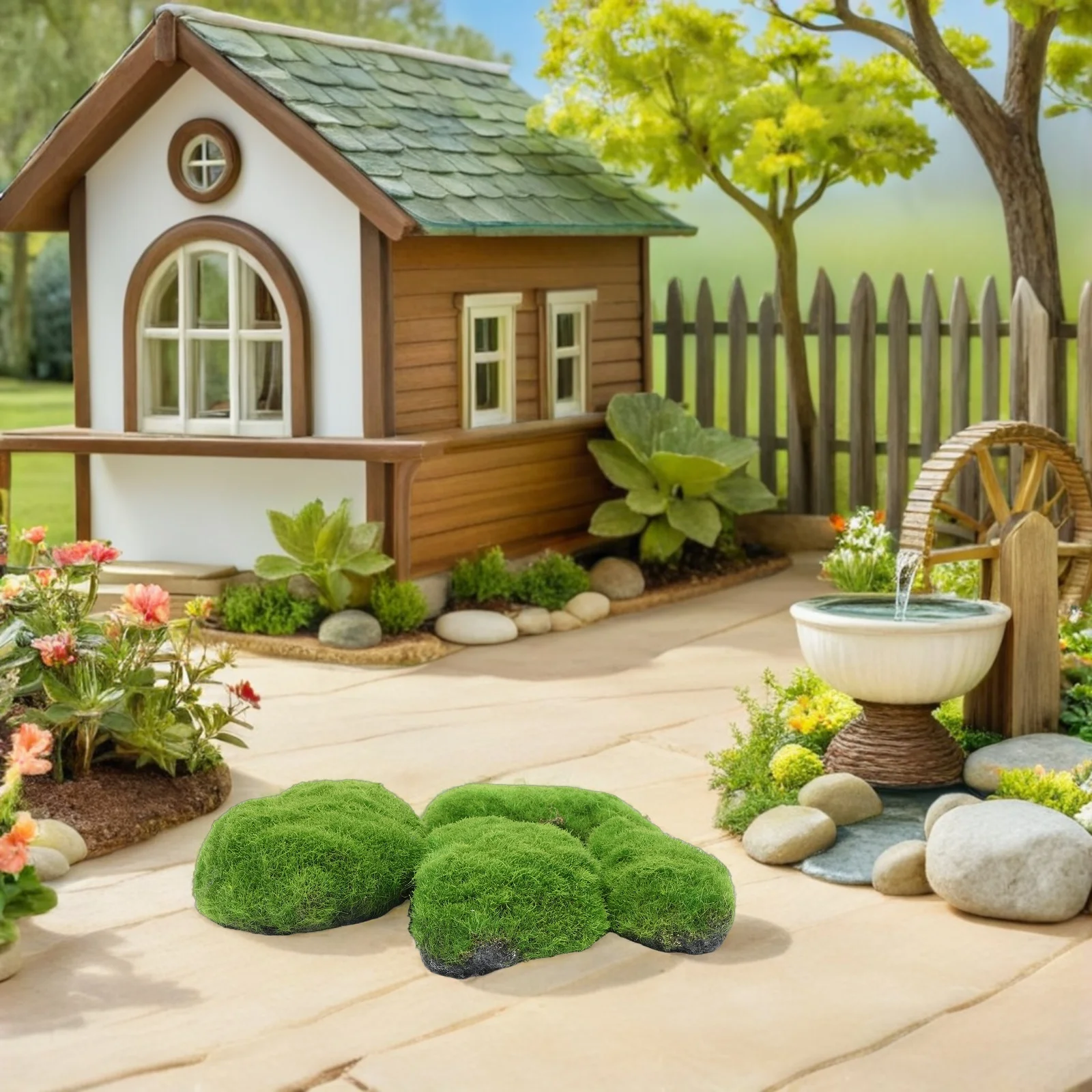 

4Pcs Artificial Moss Stones Faux Moss Covered Decorative Stones for Indoor Outdoor Garden Bonsai Craft Floral Arrangement