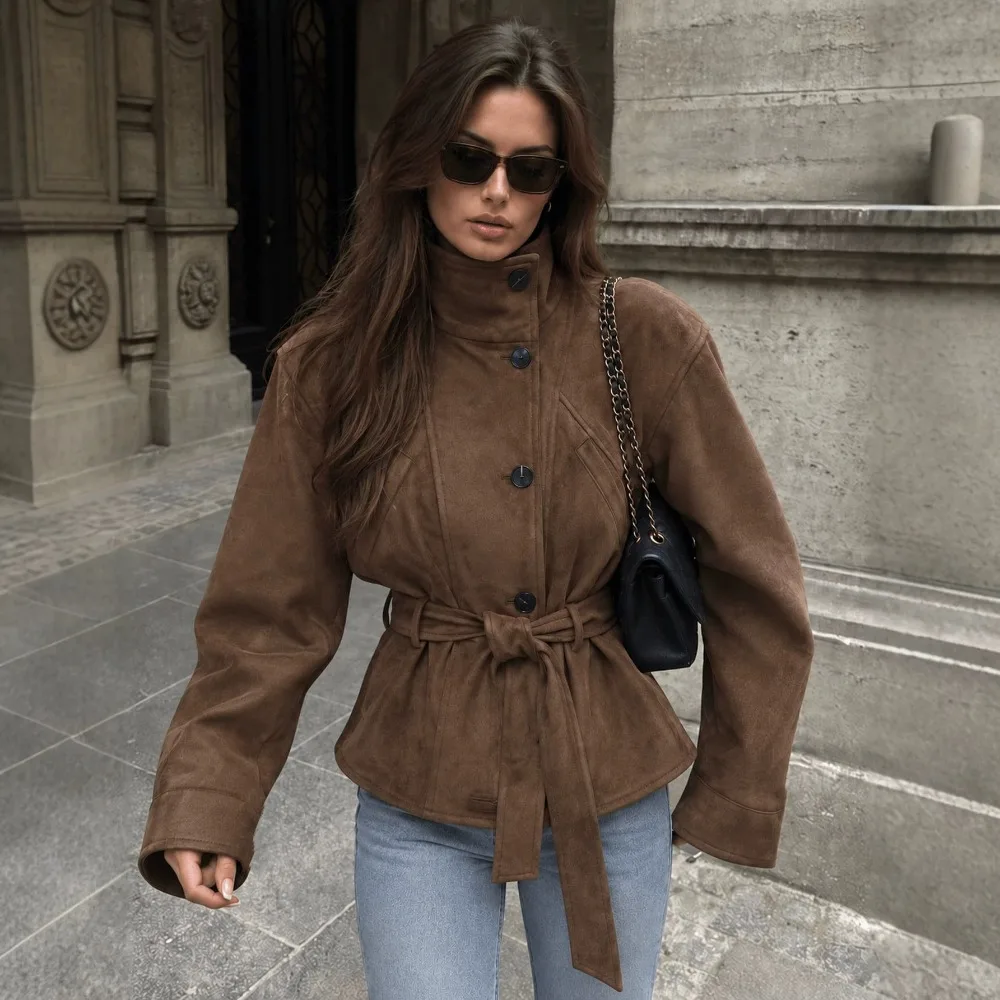 Women's Spring and Autumn New Stand-up Collar Long-sleeved Fashion Casual Belt Suede Texture Jacket Texture Unique and Simple