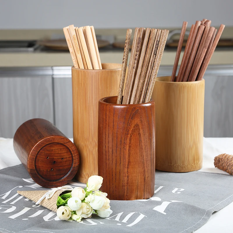 Bamboo Wooden Chopstick Cylinder Tableware Drainage Chopstick Rack Kitchen Storage Container Bamboo Restaurant Supplies