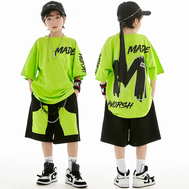 

Kids Jazz Dance Clothes Hip Hop Green Tops Short Sleeves Summer Street Dance Drum Performance Suit Girls Stage Costume BL10429