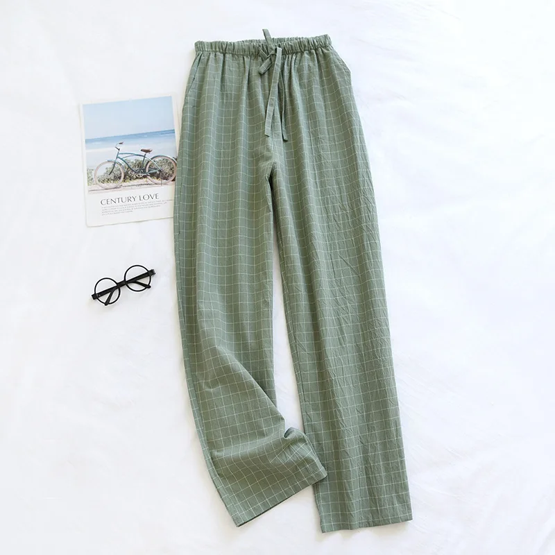 Japanese new spring and autumn couples cotton crepe cloth plaid trousers men and women large size home pants simple casual pants