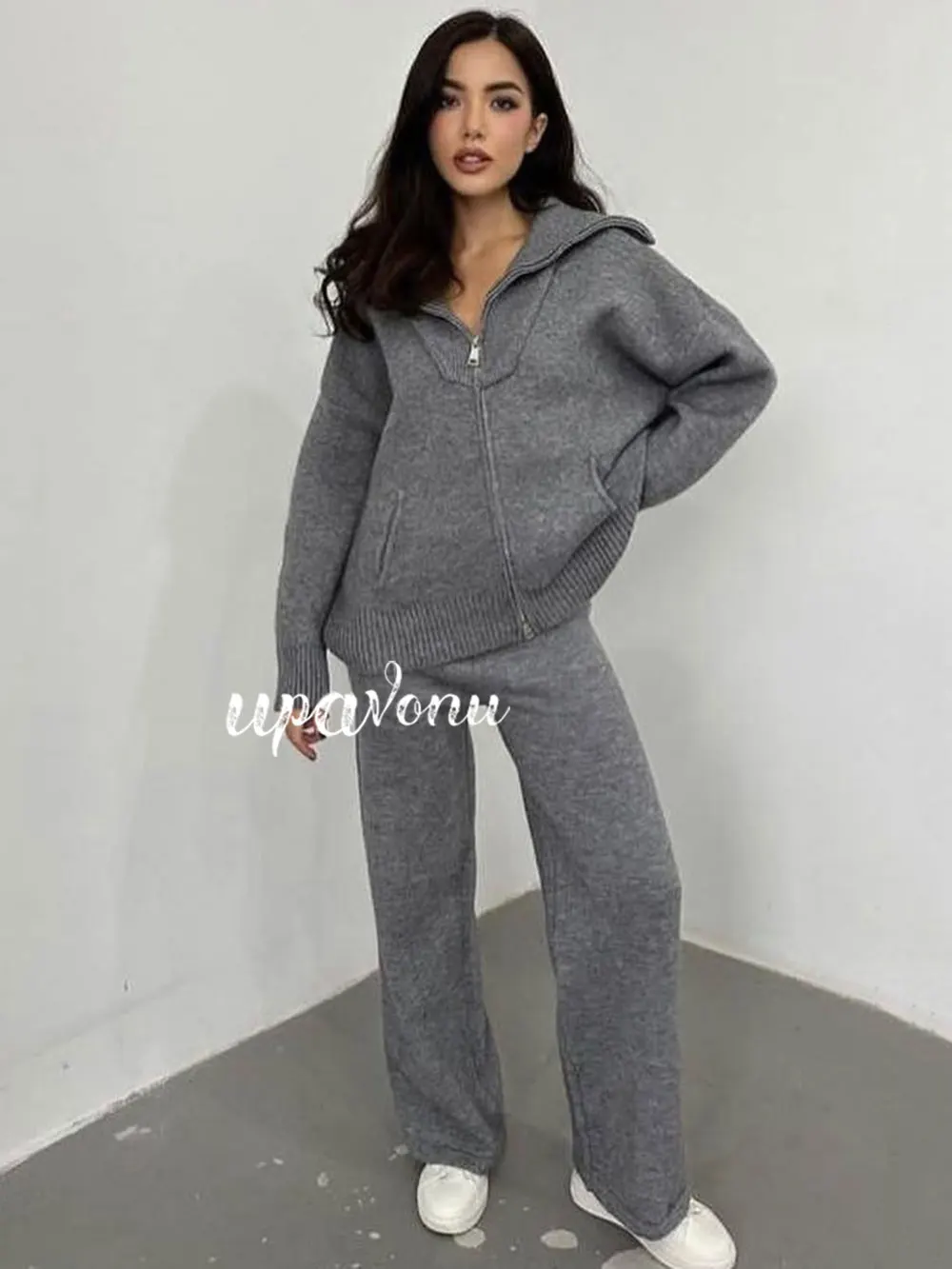 2024 Women\'s Knitted Sweater Long Pants Set with Collar Long Sleeve Zipper Loose cardigan Coat+Straight Leg Pants Two Piece Set