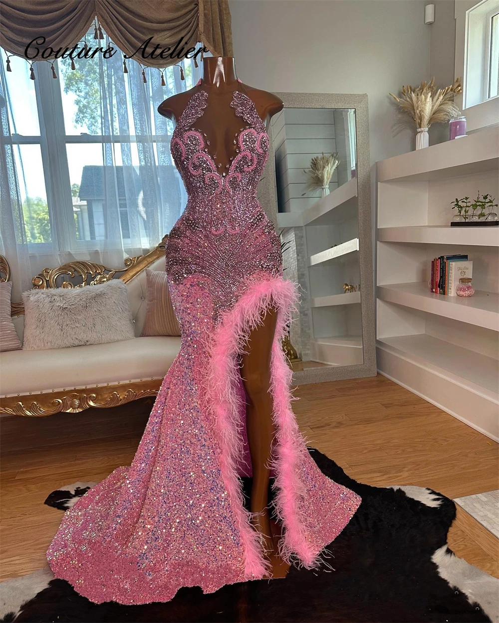 Beautiful Pink Diamonds Sequin Prom Dress Feathers Mermaid Crystal Rhinestone Birthday Party Cocktail Homecoming Gown Customized