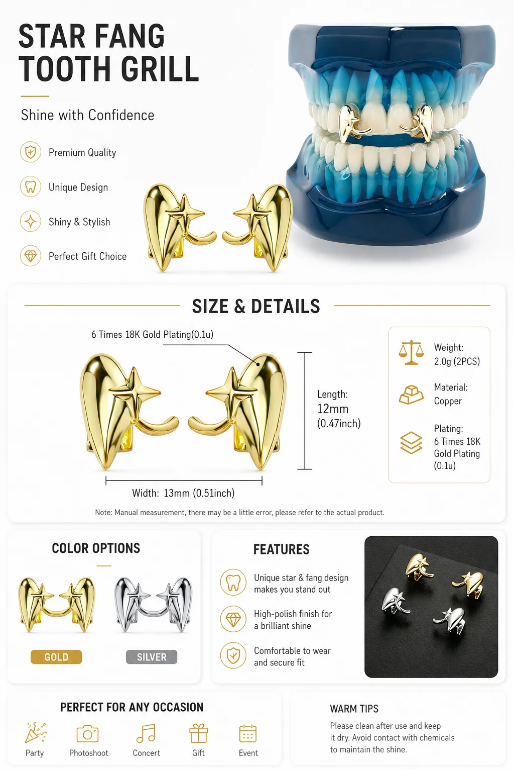 JINAO Hip Hop 2pcs Vampire Fang Teeth set Star Hollow Smooth surface Grillz Top shinny Cosplay Grill Punk Rapper Christmas Gift
