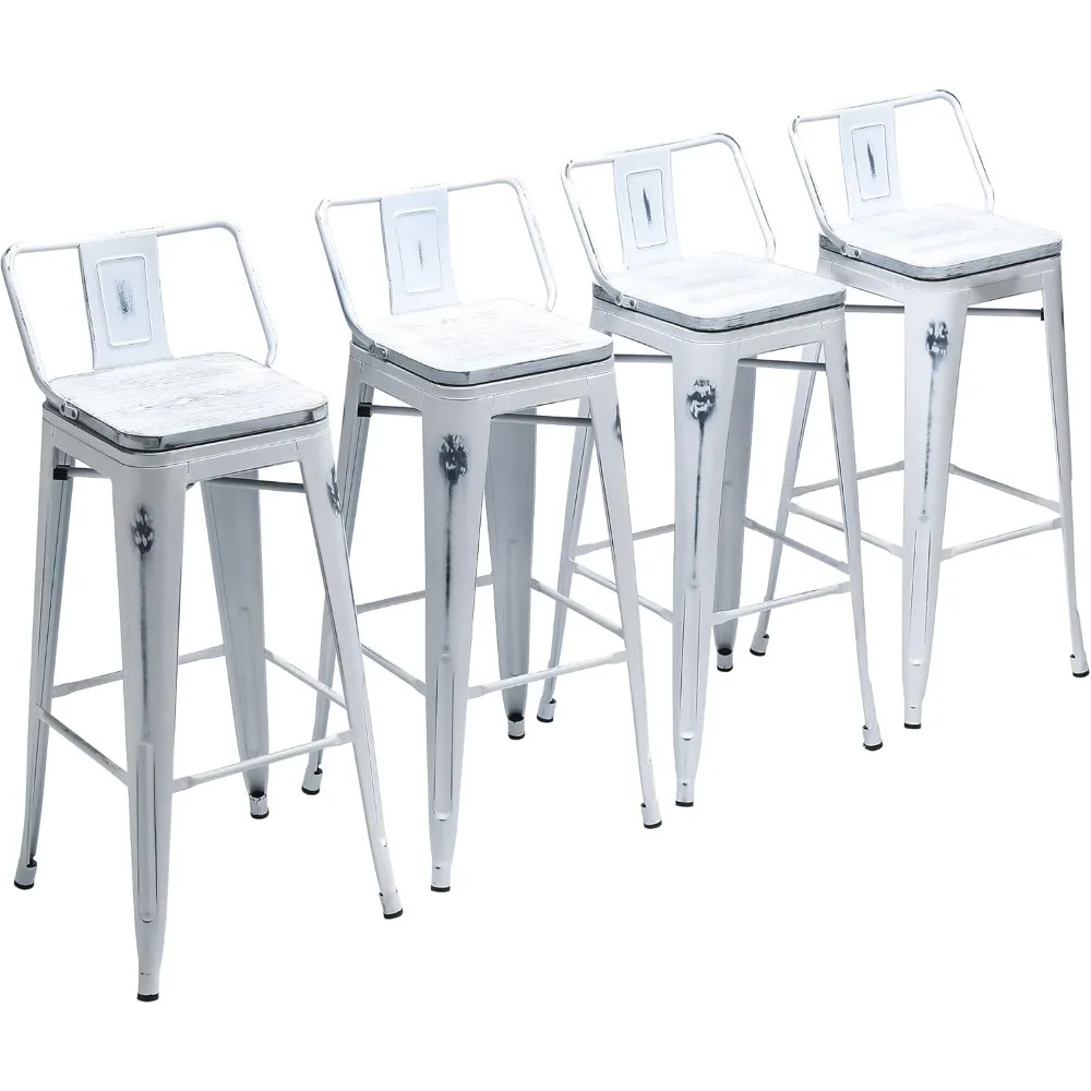 30 inch Bar Stools Set of 4 Bar Height Metal Barstools with Wood Seat Distressed White Low Back Kitchen Bar Chairs