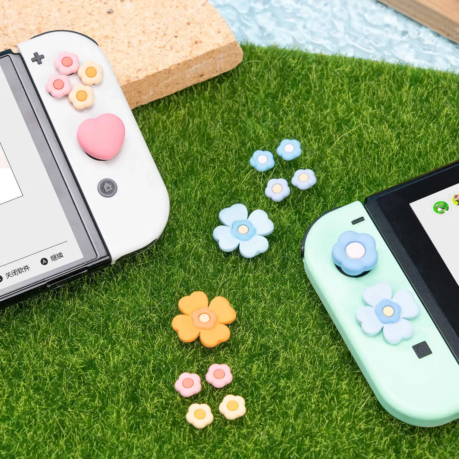 Flower Heart Silicone Soft D-pad Cross Button ABXY Key Sticker Skin Case For Switch Oled NS Joy-con Thumb Stick Grip Cap Cover