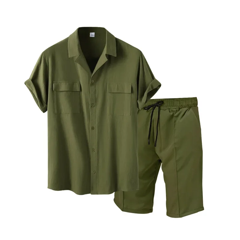 New Men's Two Piece Set Large Size Solid Color Short Sleeve Shirt Summer Casual Suit Lapel Male Suit
