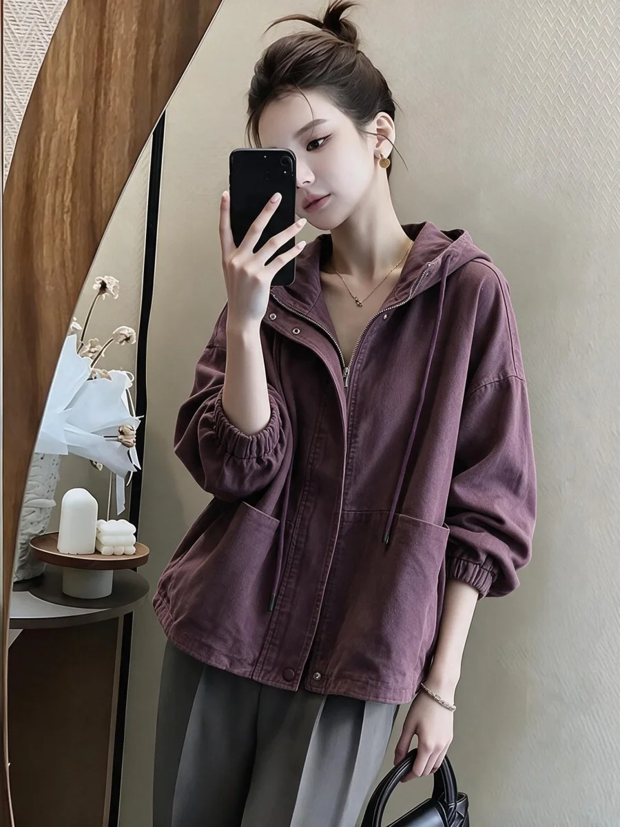 Retro Washed Hooded Jacket Women's Design Spring New Loose Fit Short Outerwear Cotton Commute Style Zipper Decorated Long Sleeve
