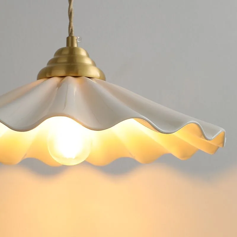 Full Copper Ceramic Floral Japanese Mid Century Wicker Hat Pendant Light for Bedroom Dining Bar Table