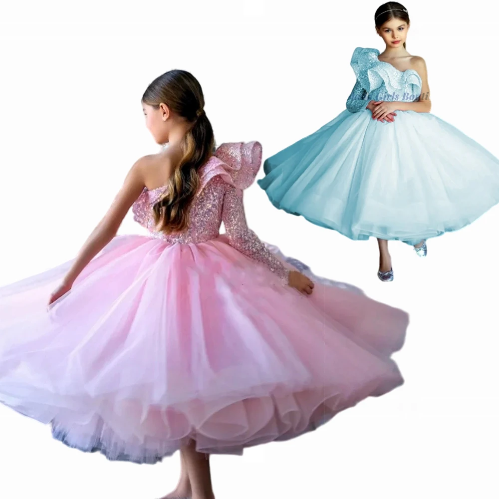 

Elegant Flower Girl Dress Pink Wedding Puffy Sequined Tulle Princess Beauty Pageant Kids Birthday GIFT Party Prom Evening Gowns