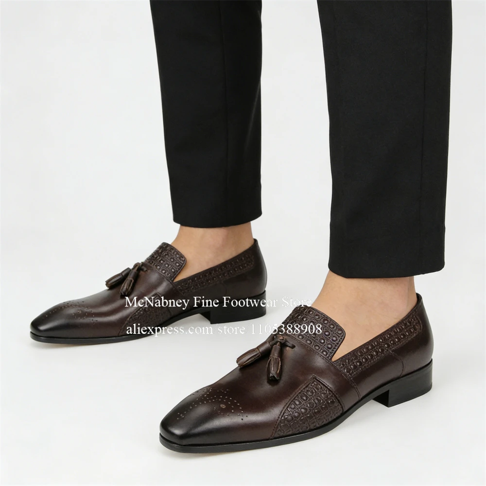 

Leather Tassel Loafers Embossed Pattern Brogue Decor Pointed Toe Slip on Elegant Business Formal Men Dress Shoes for Office
