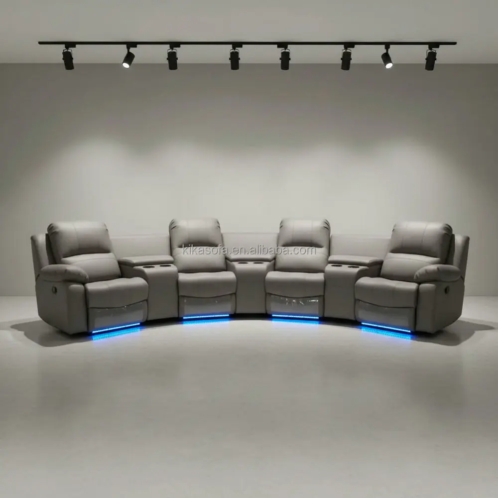 #Premium 4 Seater Sofa Set Home Theater With Electric Recliner Blue LED Light On The Bottom Top Grain