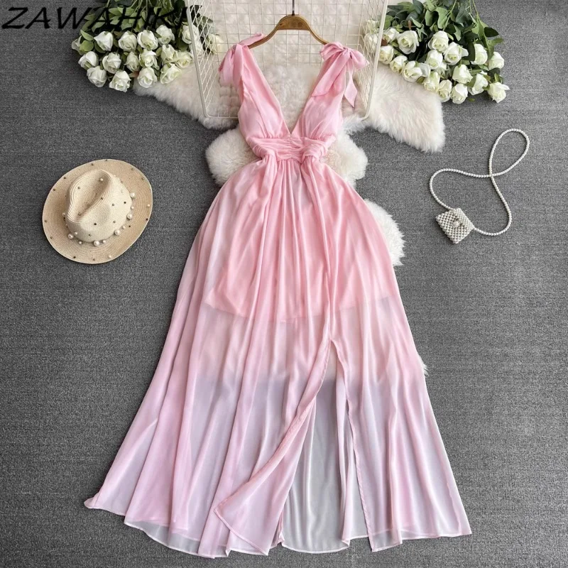 

Chiffon Camisole Dress for Holiday Halter Bow Pleated Vestidos Slim Waist Bandage Femme Robe Korean Temperament Sweet Ropa Mujer