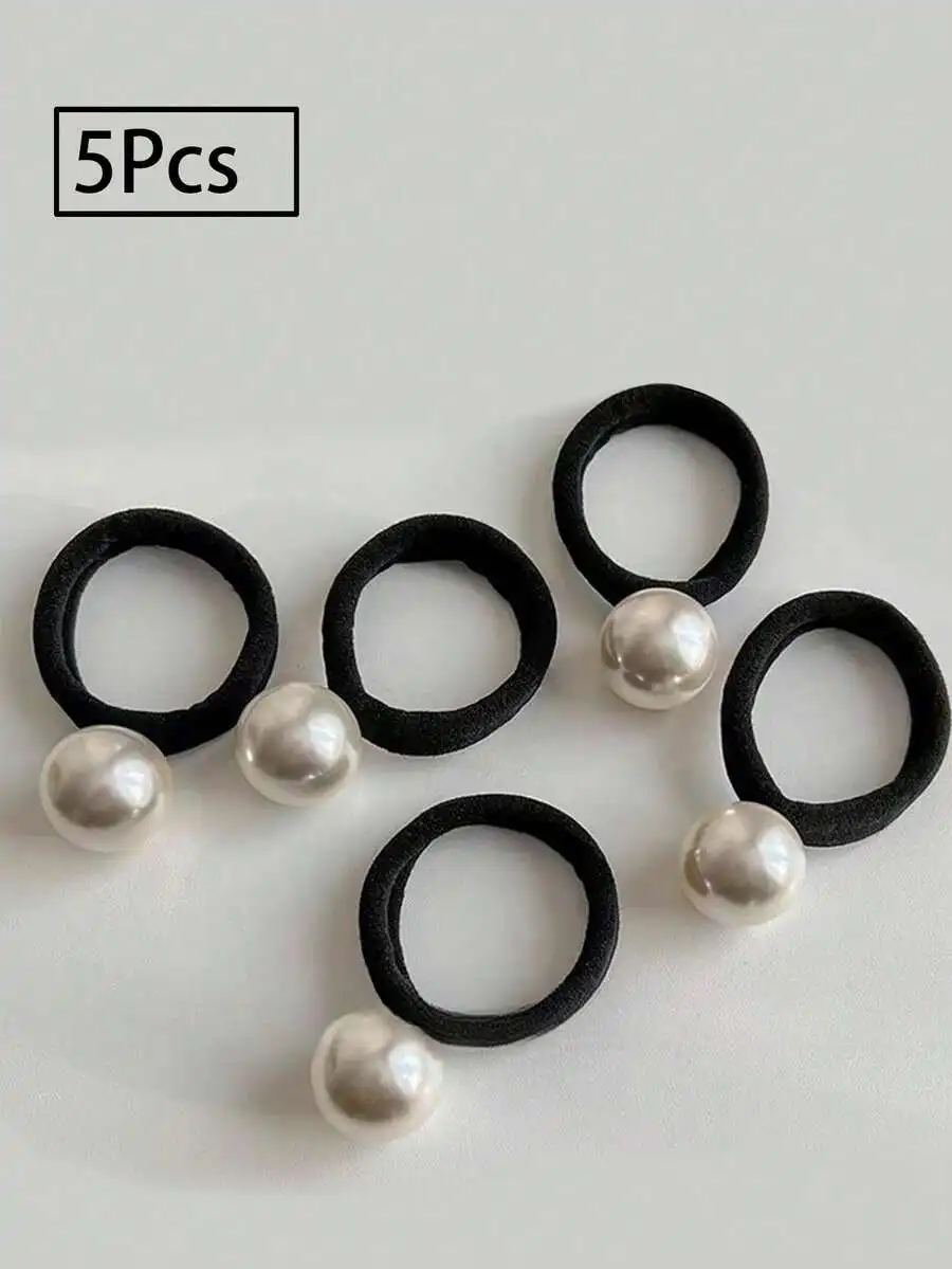 

5pcs Black Velvet Hair Ties With Imitation Pearls—Soft, Non-Damaging Elastic Scrunchies For Women’s Ponytails And Buns