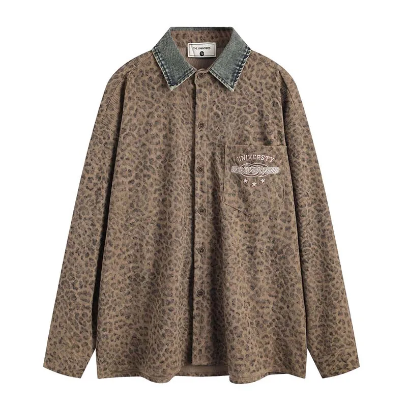 

Hi Street Lepoard Embroidery Shirts Vintage Hip Hop Streetwear Button Up Blouse For Male Long Sleeves