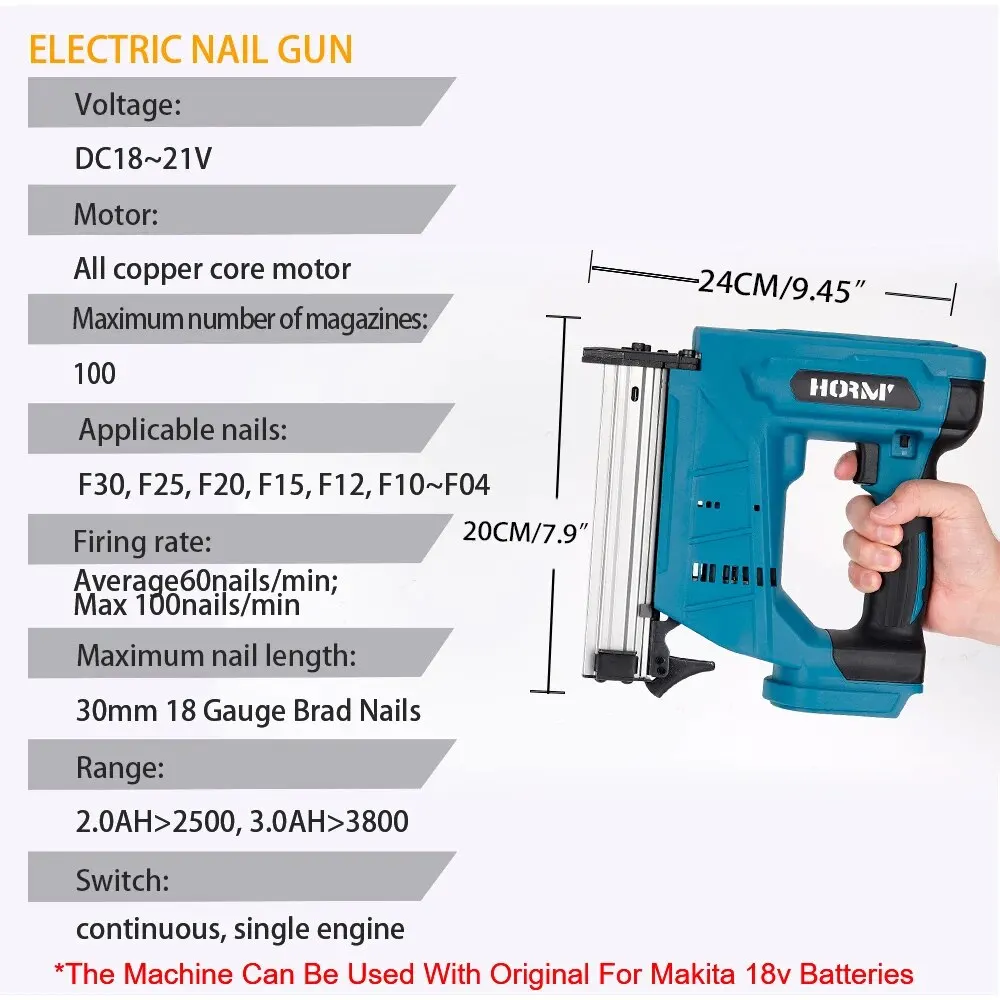 Hormy-Cordless Electric Nail Gun, Nail Gun, Staple Gun, Móveis, Carpintaria, Tacker, Grampeador, Carpintaria, Ferramenta Elétrica, Makita 18V Bateria, F30