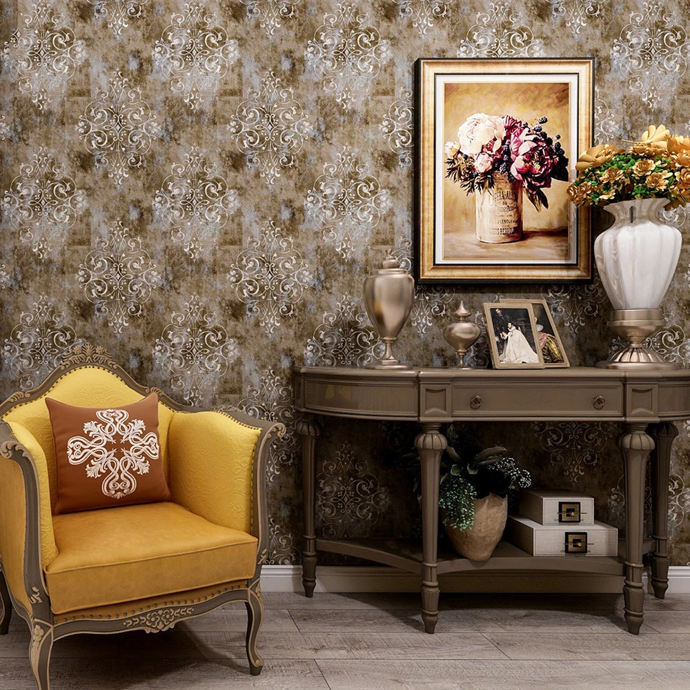 American Retro Damascus Wallpaper Self-Adhesive Damask Floral Wall Paper for Kitchen Bedroom Living Room Tv Background Mural