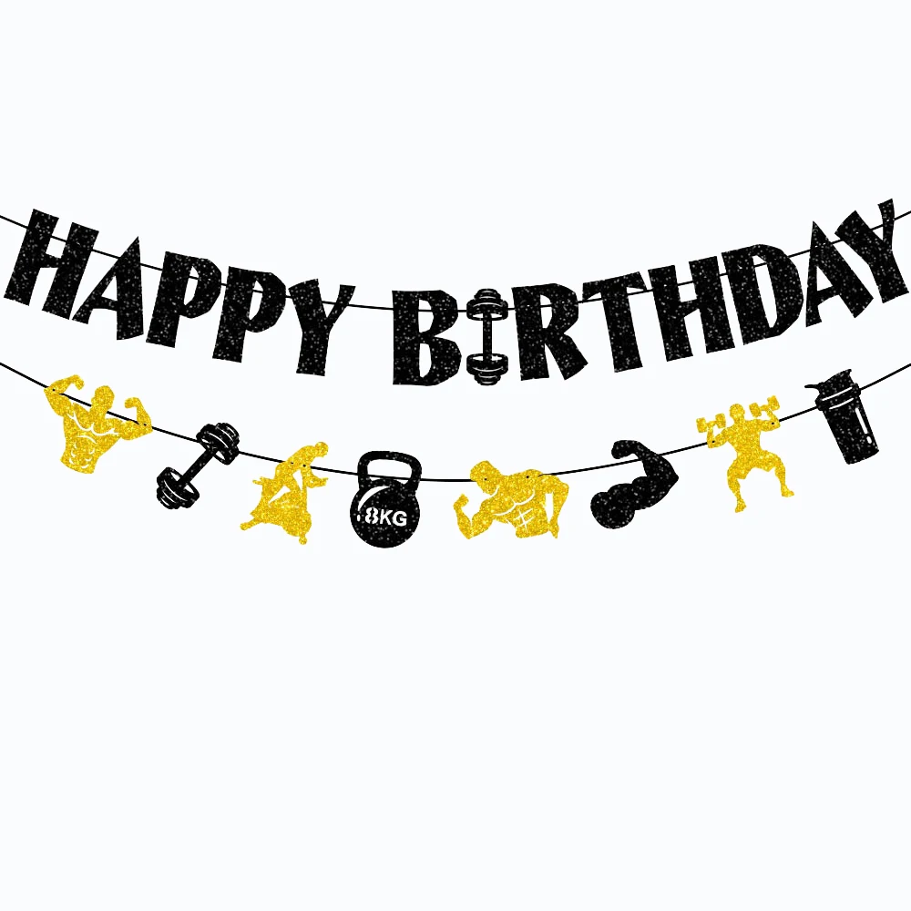 Schwarz Gold Gym Happy Birthday Banner Party Dekor für Fitness Hanteln Kettlebells Gewichtheben Themed Jungen Herren Geburtstagsdekoration