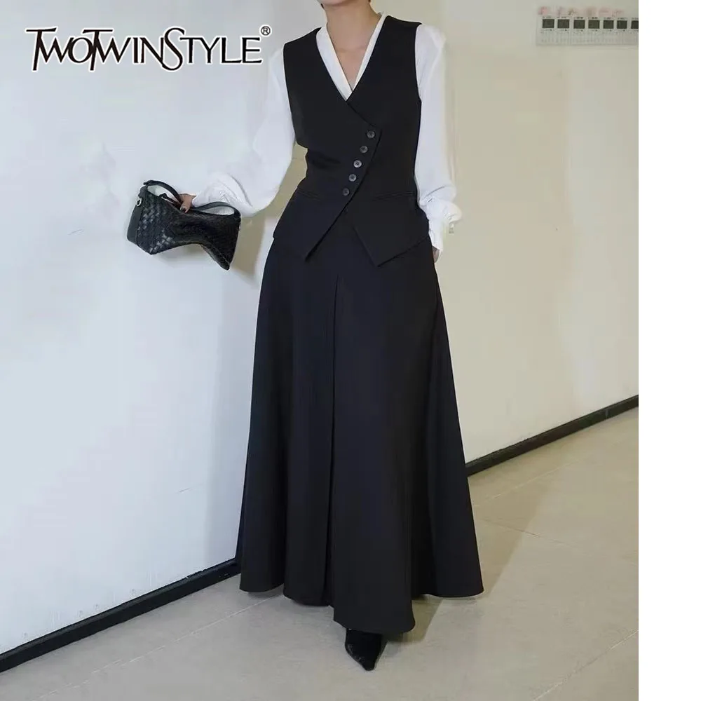 

TWOTWINSTYLE Solid Spliced Button Two Piece Set Female V Neck Sleeveless Shirt Basics Women's Short Skirt Set Summer Fashion New