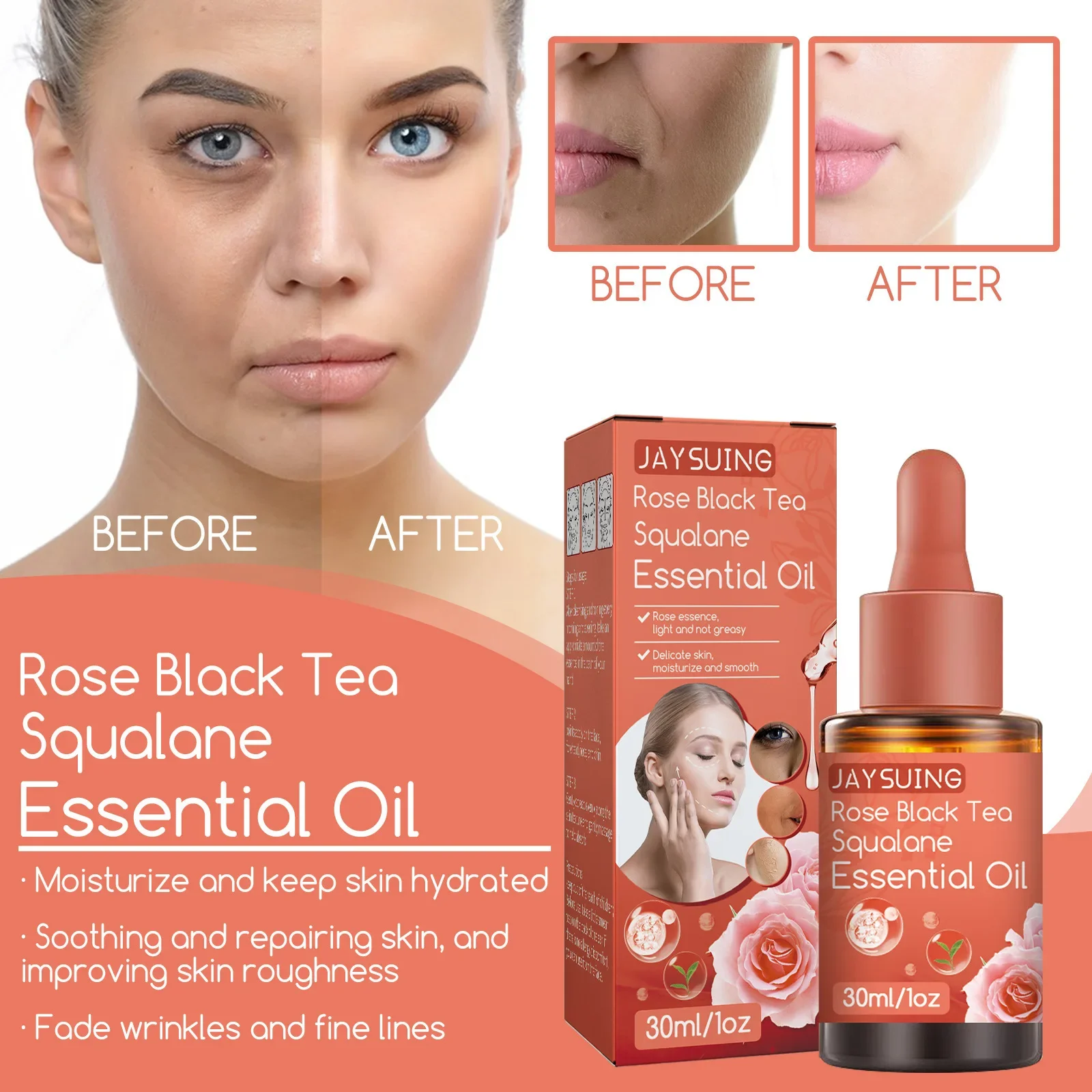 Rose Black Tea Squalane Essential Oil Facial Essence Delikatna skóra, nawilżająca i gładka, lekka i nie tłusta, 30ml