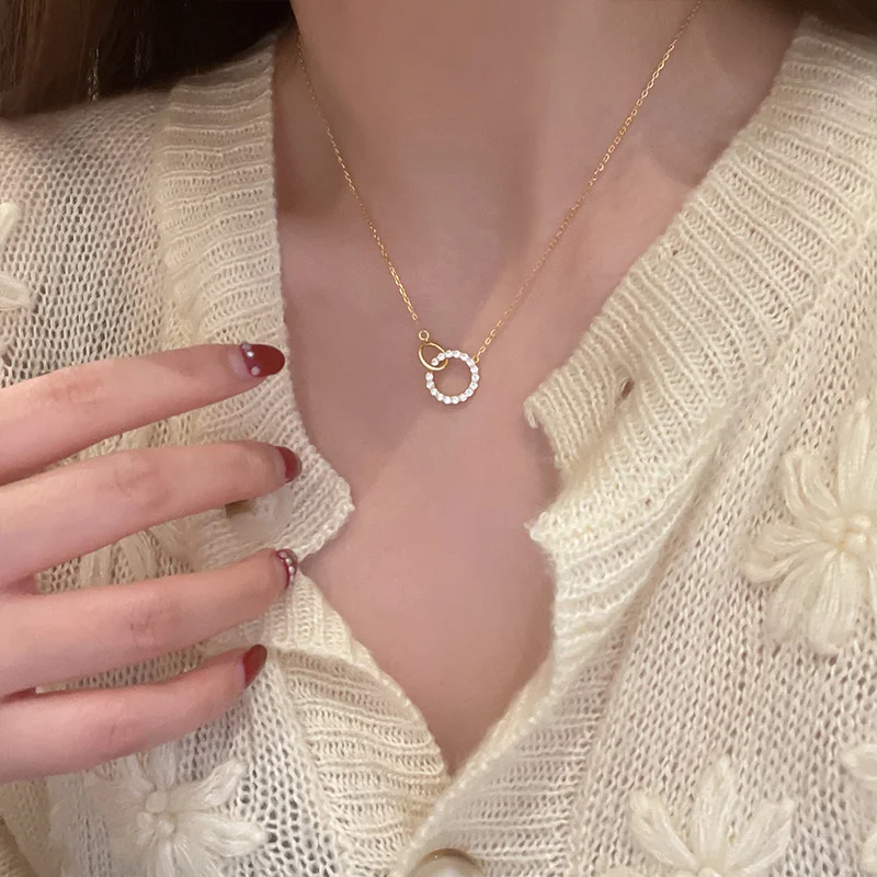 Fashion Crystal Double Circle Charm Pendent Necklace Creative Elegant Clavicle Chain Jewelry For Women Choker e1337