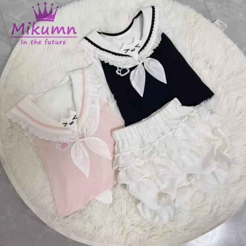 Mikumn Harajuku Kawaii Cat Cartoon Lolita Style T Shirt Girls Y2k Lace Rabbit Ears Slim Crop Top Tees Fairy Grunge Cute T-shirts