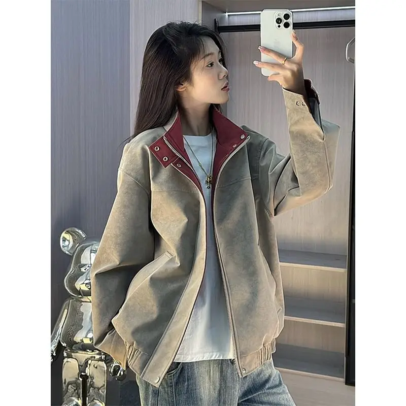Retro Contrasting Leather Jacket Men's Autumn New Stand-up Collar Design Button Jacket Trendy Brand Waterproof Leather Jacket