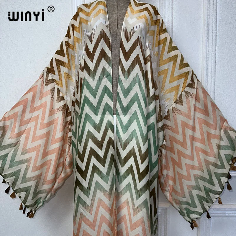 WINYI summer kimono beach wear women 2024 Africa dress bikini cover up Cardigan boho print coat abayas dubai luxury tassel dress