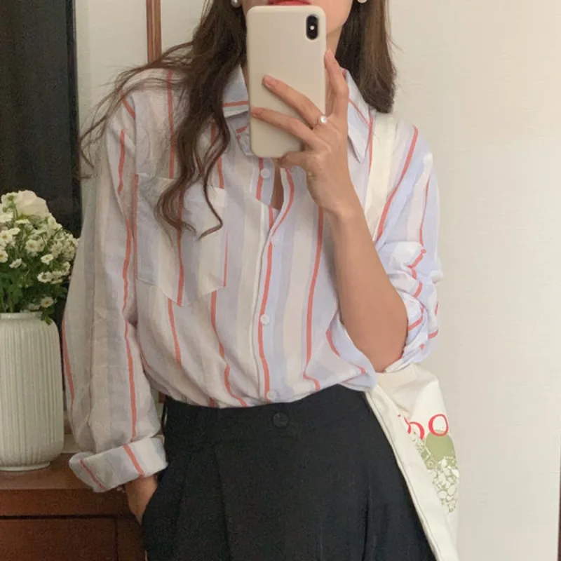 

Striped Women's Shirt and Blouse Youthful Woman Clothes Korean Popular Y2k Fashion Simple Cheap Stylish Lazy Style Female Tops