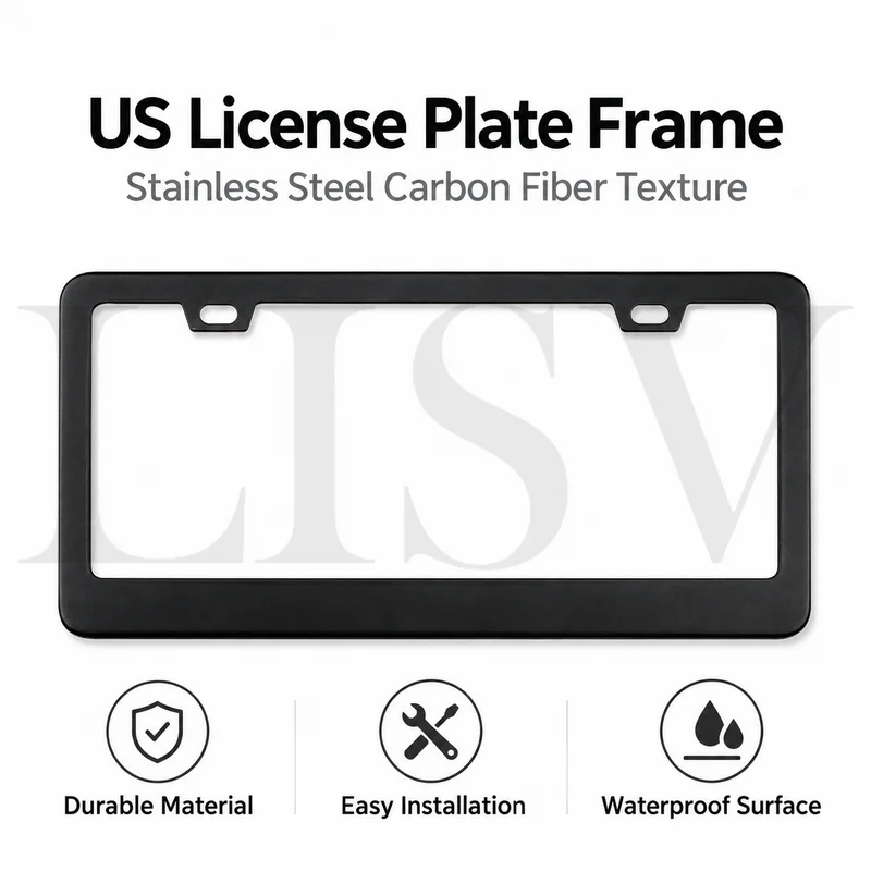 US Size License Plate Holder and Frame, Stainless Steel Carbon Fiber Pattern, Universal Vehicle Mount, Factory Direct