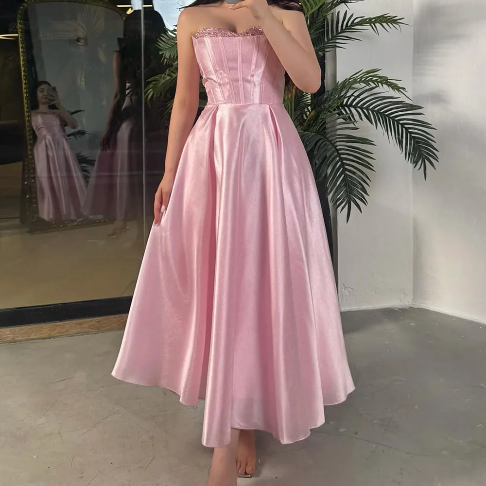 

Customized A-Line Evening Dresses Tea-length Strapless Sleeveless Prom Gown Fashion Beading Backless Lace-up Draped Party Gown