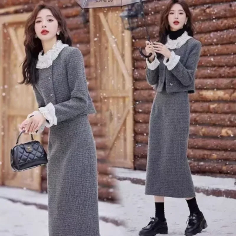 Luxury Woolen Set Women's 2024 Autumn Winter New Trendy Complete Outfit Skirt Two-piece Female Office Lady Clothing High Quality