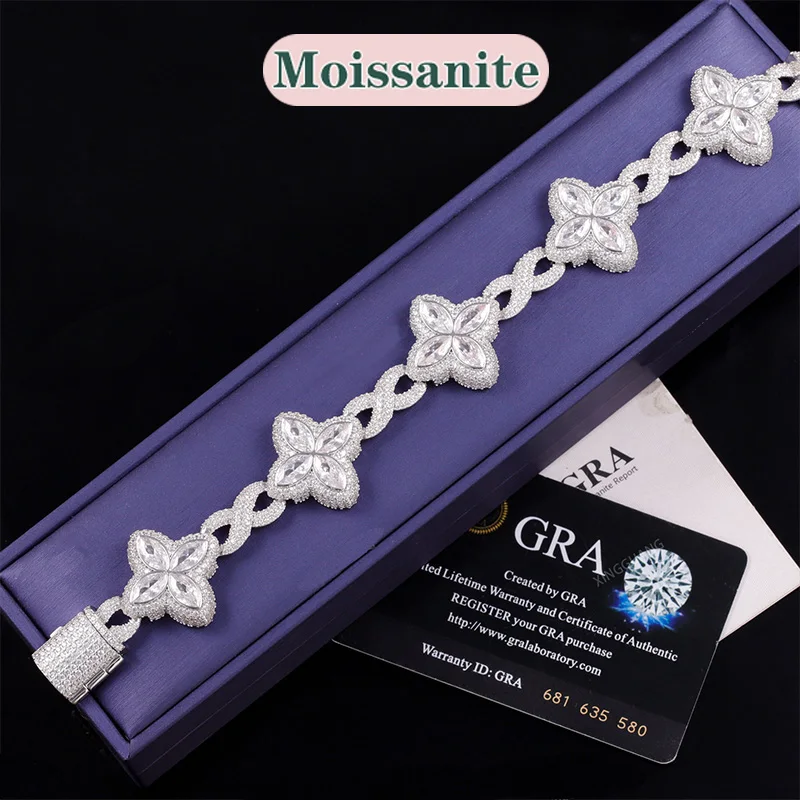 

Full Moissanite Clover Bracelet S925 with GRA Certificate Cool Hip Hop Style West Coast Style Full Diamond Bracelet Jewelry