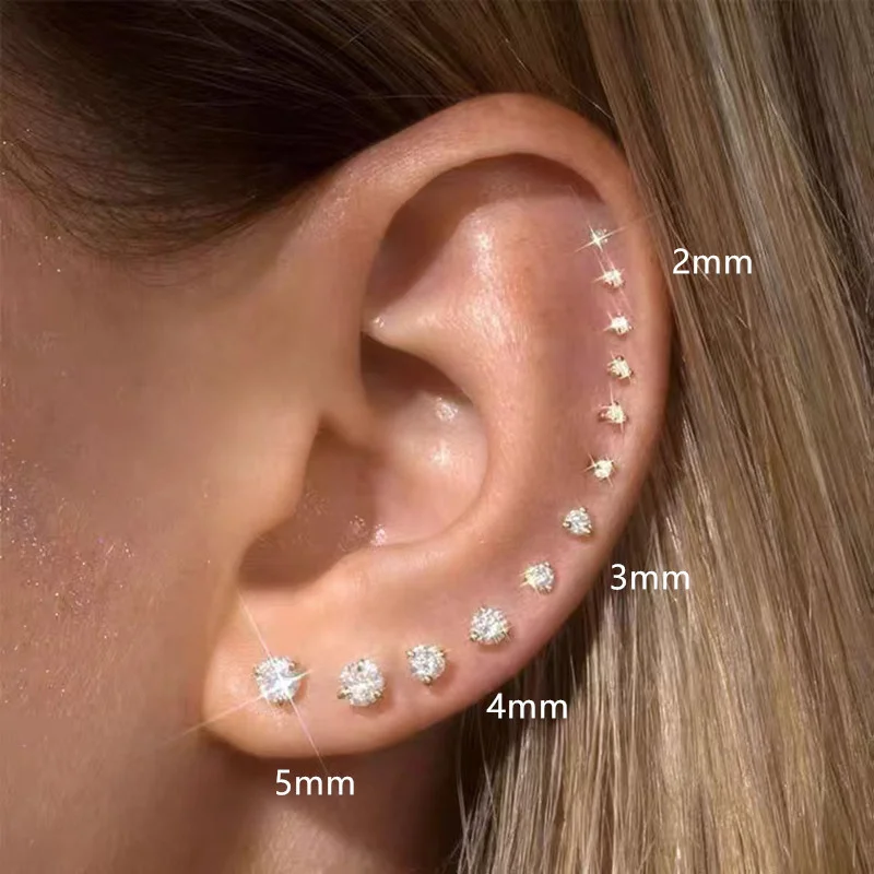 16g Surgical Stainless Steel Cubic Zirconia Studs Cartilage Helix Earrings Screw Backs Ear Tragus Auricle Piercing Jewelry 2-8mm