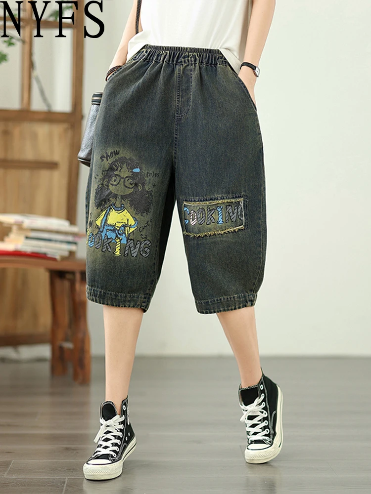 

NYFS 2025 Vintage Women's Loose plus Size Jeans Print Elastic Waist Knee Length Denim Shorts Trousers Summer
