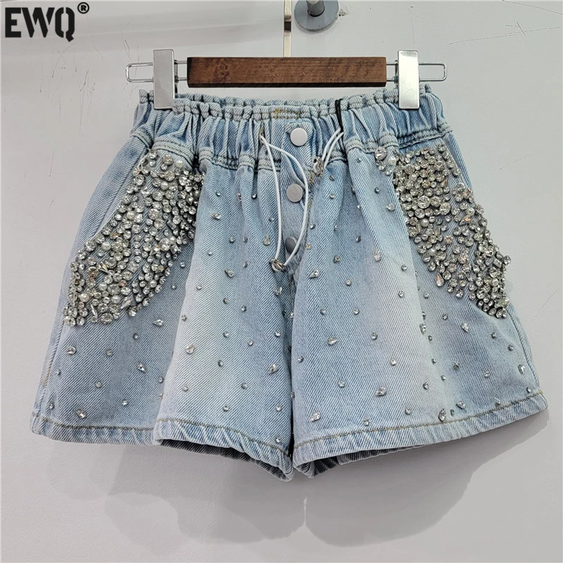 [EWQ] Women Diamonds High Waist Denim Shorts Streetwear Vintage Drawstring Wide Leg Short Pants 2024 Summer New Tide Clothes 700