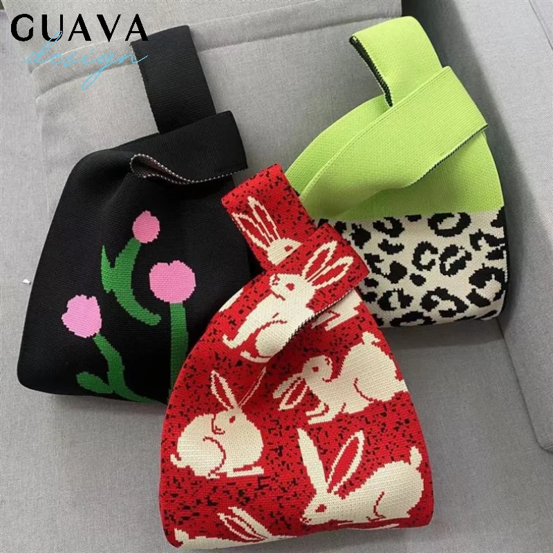 

Ins Color Knit Handbag Design Tote Bag Mini Knot Wrist Bag Handmade Shoulder Bag Women Girls Reusable Shopping Bags