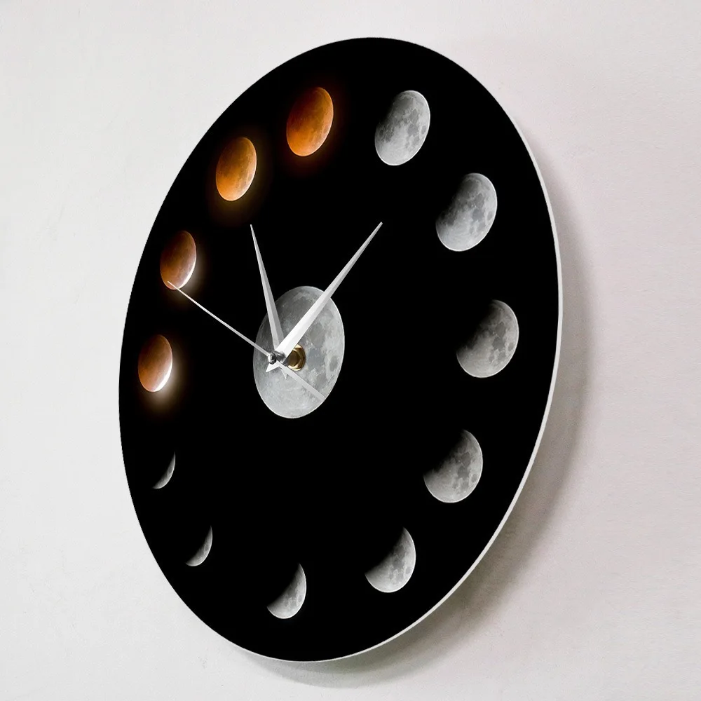 Cosmic Lunar Wall Clock - Eclipse Cycle Silhouette Silent Quartz Decorative Science Art Birth Christmas Gift Night Sky Theme