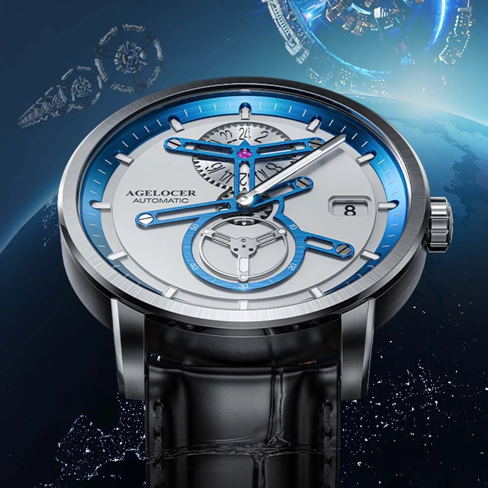 AGELOCER Astronomer Watch for Men Space Station Date 42MM Luxury Automatic Mechanical Watches Men Luminous Waterproof With BOX
