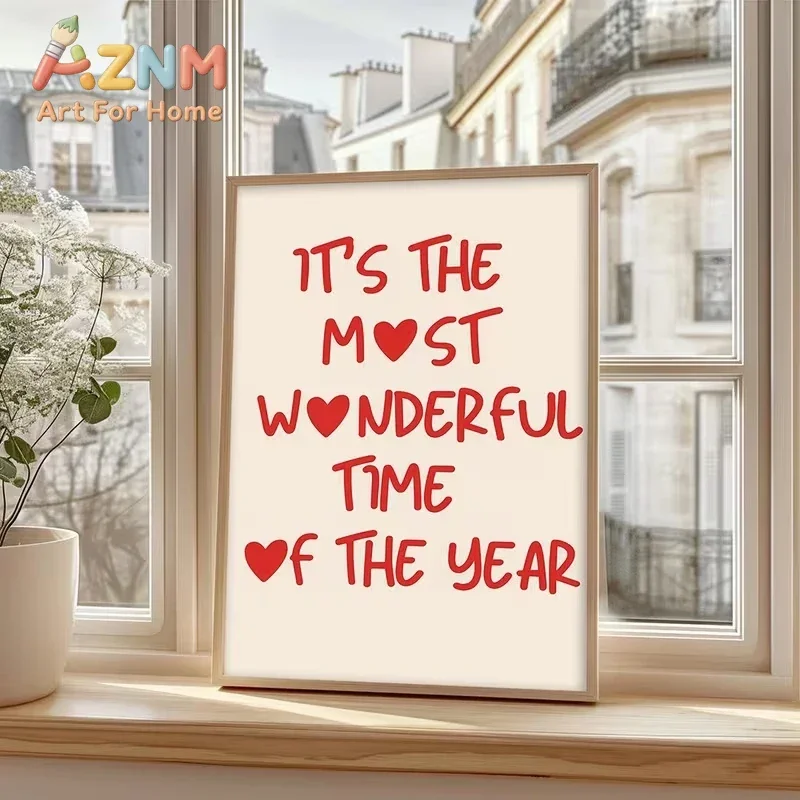 AZNM It's The Most Wonderful Time Of The Year Canvas Wall Art Red Heart Text Festive Holiday Art Print Unframed Canvas Poster fo