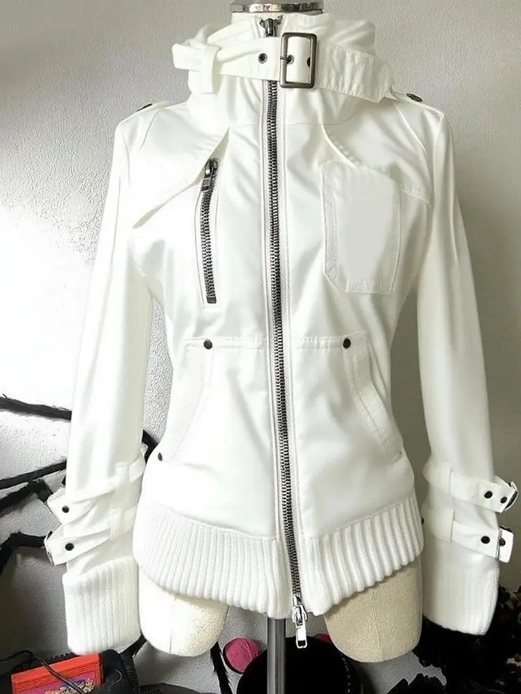 

Street Y2k Gothic White Moto&Biker Coat Women Vintage Heavy Long Sleeve Jackets 2025 Early Autumn New Slim Fit Tops Mujer