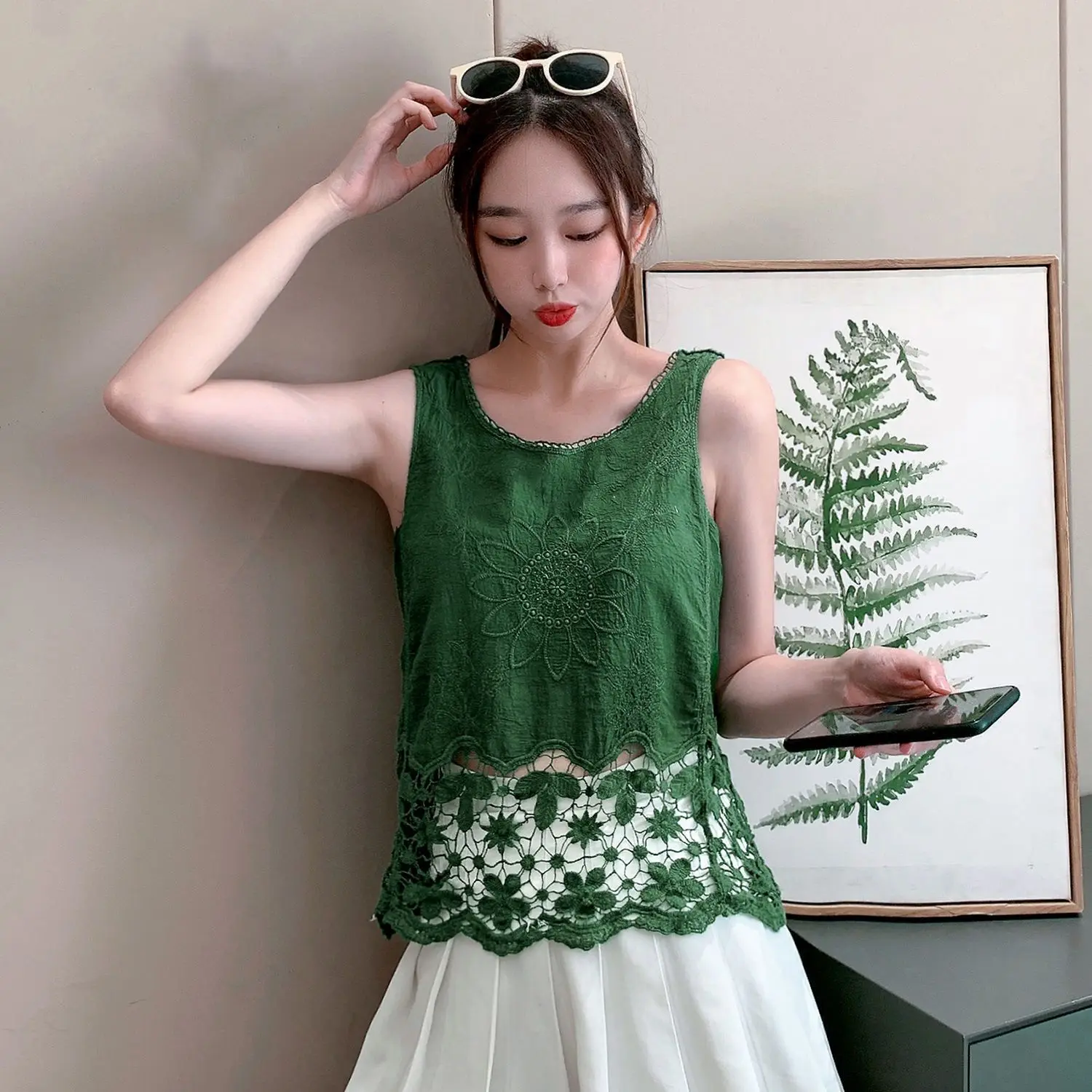 Summer Womens Cotton Embroidered Flower Hollow Tank Top