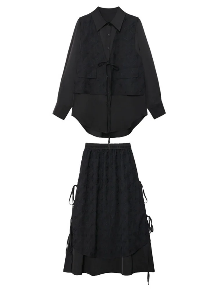 [EAM] Black Big Size Shirt Half-body Skirt Two Pieces Suit New Lapel Long Sleeve Women Fashion Tide Spring Autumn 2024 1DH4805