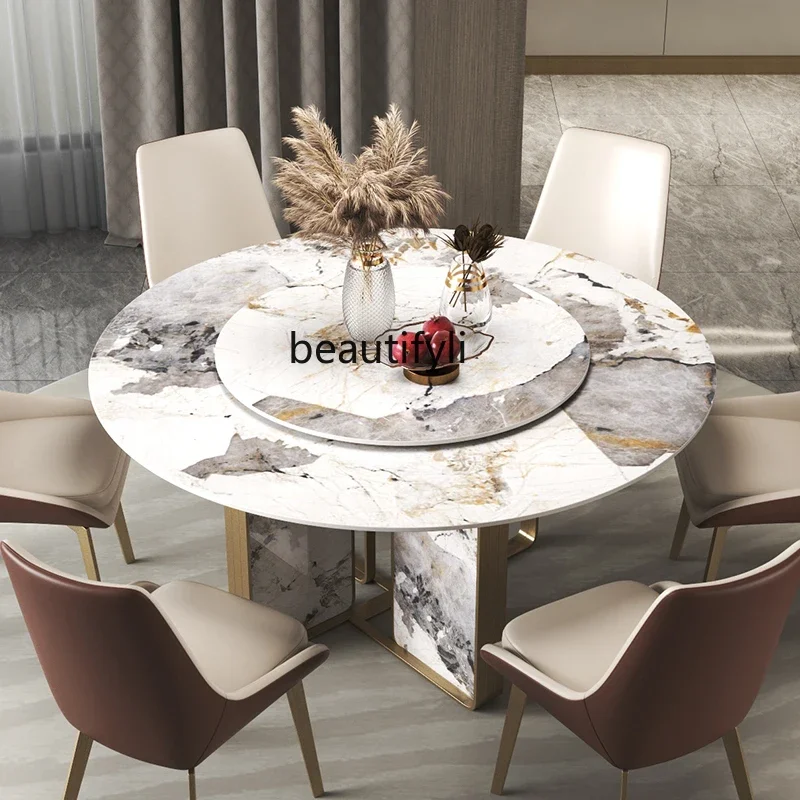 Modern Minimalist Italian Pandora Luxury Stone Bright Stone Plate round Table with Turntable Dining Tables Chairs Combination