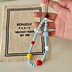 Cute Blue Clouds Cherry Beaded Phone Charm Strap Pendant For Phone Universal Accessrioes Sweet Chain Lanyard Girls Hanging Rope
