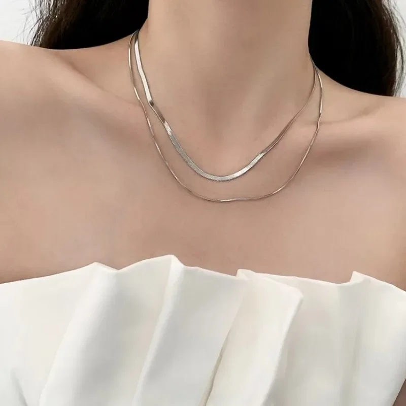 Personality Design Double Layer Snake Chain Necklaces for Women Classic Charm Cubic Chokers Gold Color Stainless Steel Jewelry